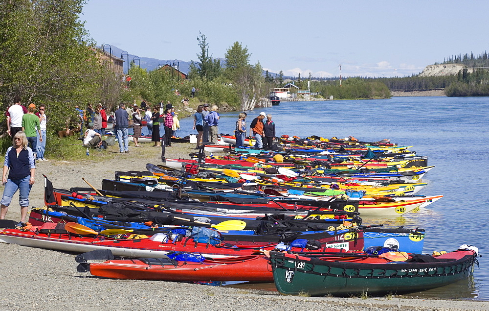 Canoes and kayaks on the shore, start of the 2009 Yukon River Quest, long distance canoe race, Whitehorse, Yukon River, Yukon Territory, Canada