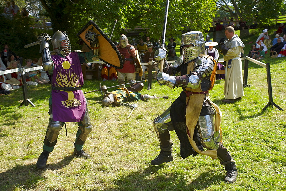 Knights fighting with swords, Medieval Week in Visby, Gotland Island, Sweden, Scandinavia, Europe