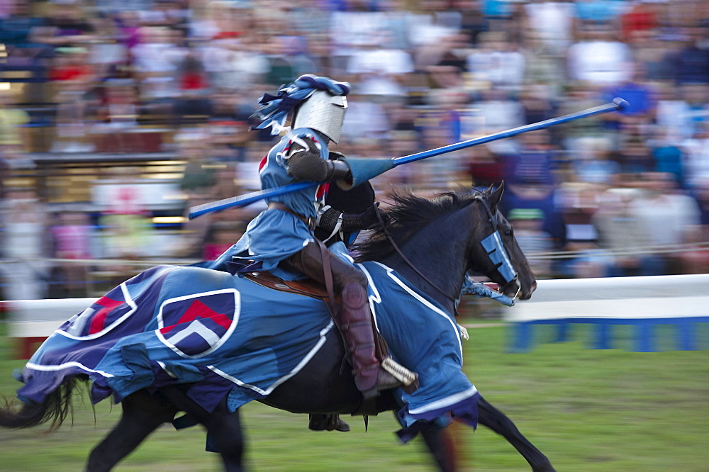 Knight jousting with a lance on horseback, Medieval Week in Visby, Gotland Island, Sweden, Scandinavia, Europe