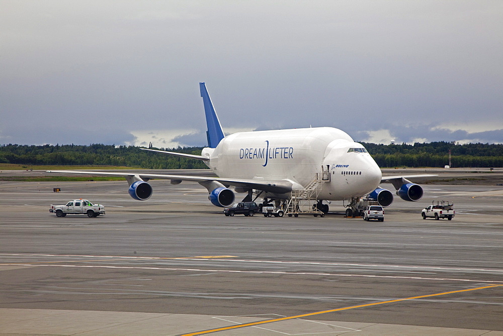 The Dreamlifter cargo plane, a Boeing 747, modified to carry aircraft parts manufactured for Boeing around the world to the company's assembly plant near Seattle, where the Boeing 787 Dreamliner is manufactured, Anchorage, Alaska, USA