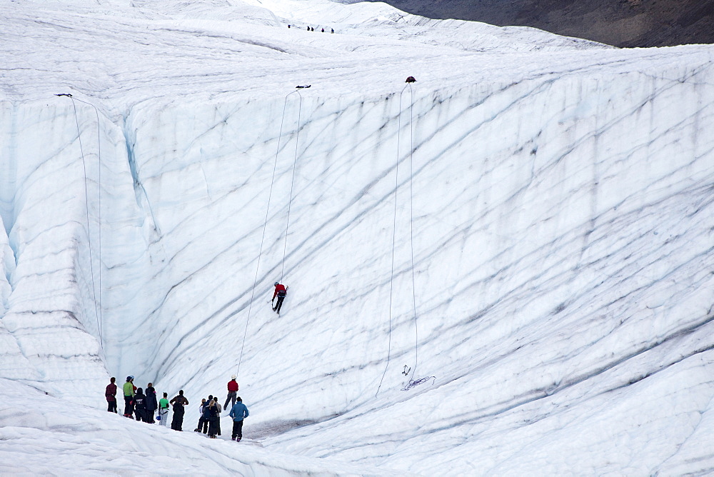 An ice climbing class on the Root Glacier, in Wrangell-St. Elias National Park, Kennicott, Alaska, USA