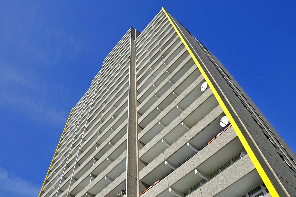 High-rise apartments with balconies and a satellite dishes, satellite town of Chorweiler in Cologne, North Rhine-Westphalia, Germany, Europe