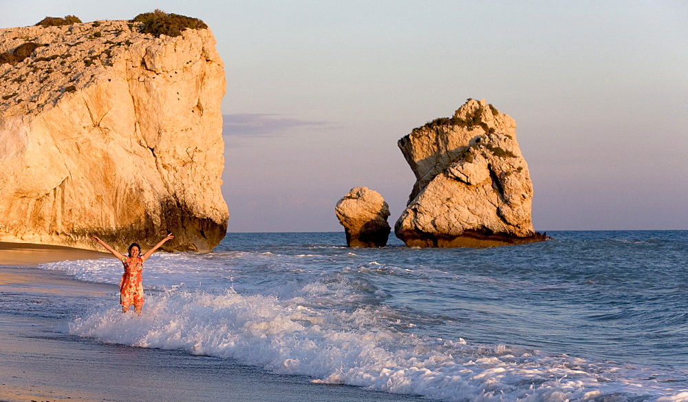 Petra tou Romiou, Monica Gumm in front of the Rock of Aphrodite, Cyprus, Greece, Europe