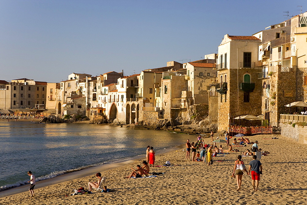 Beach, historic town centre, Cefalu, Province of Palermo, Sicily, Italy, Europe