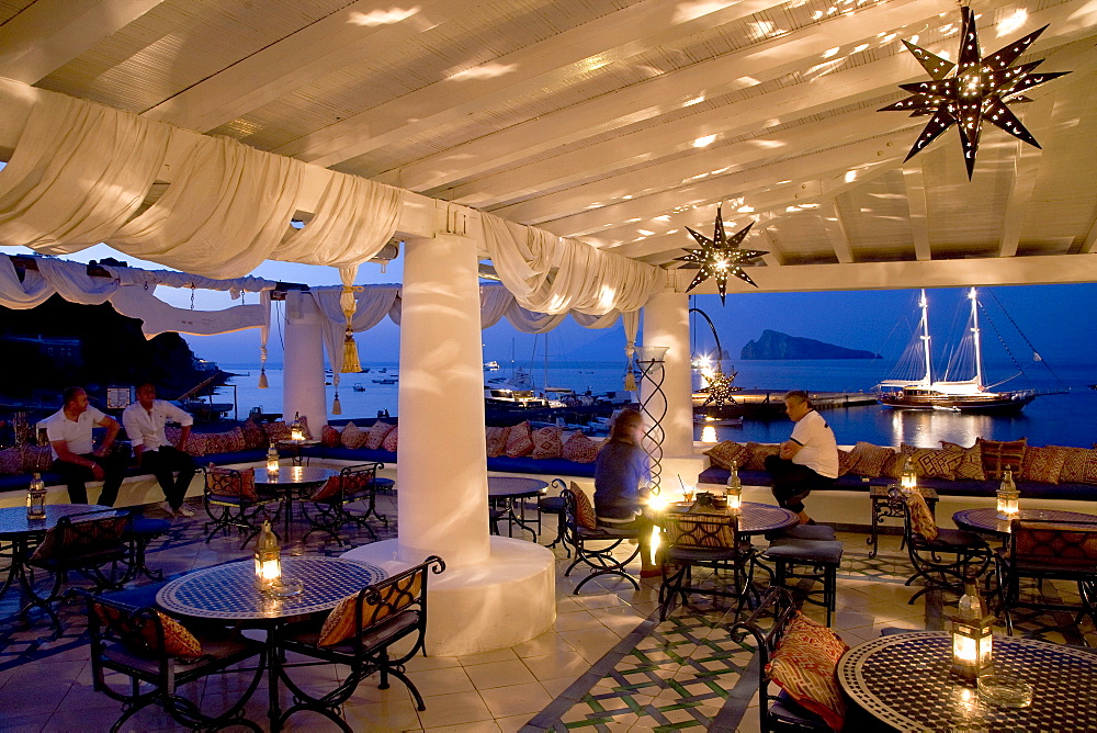 "Lisca Blanca" chill out club, terrace at the harbor of Panarea island, Aeolian Islands, Sicily, Italy, Europe