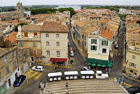 View from the ancient amphitheatre over the city of Arles, France, Europe