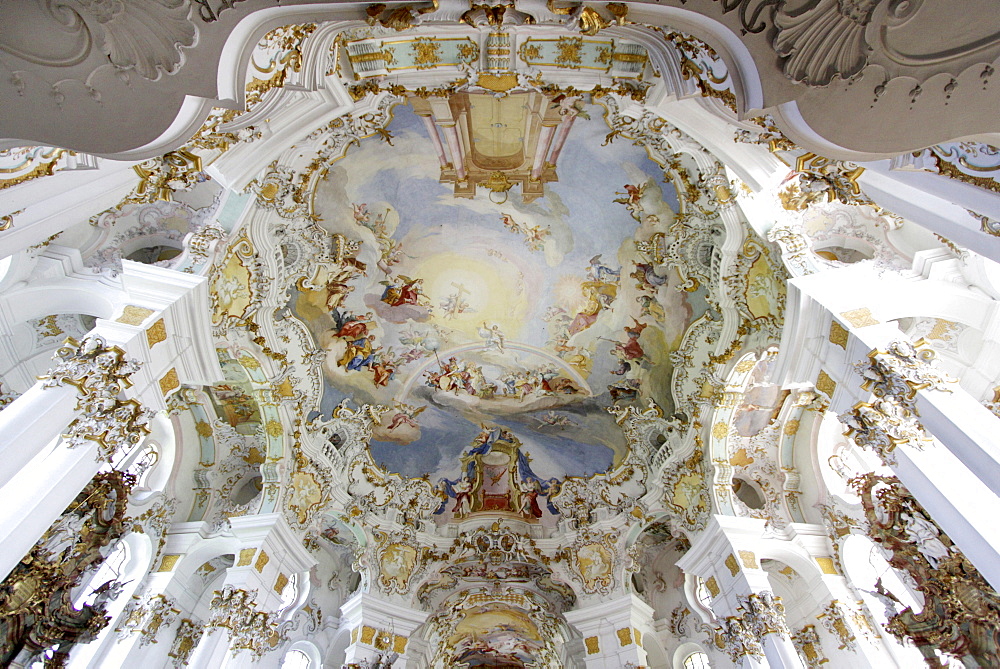 Ceiling fresco in the dome of the Wieskirche church, Wies, Steingaden, Bavaria, Germany, Europe