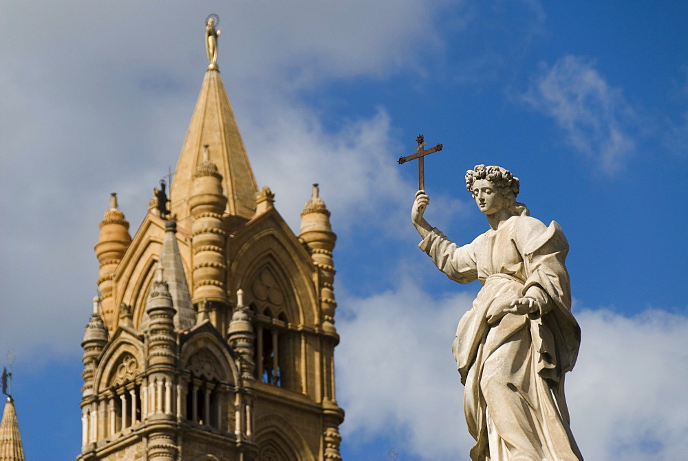Christian sculpture in front of the Cathedral of Palermo, Sicily, Italy, Europe