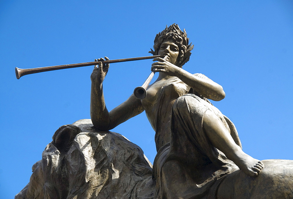 Bronze statue of a Greek woman with music instruments, Teatro Massimo on Piazza Giuseppe Verde, Palermo, Sicily, Italy, Europe