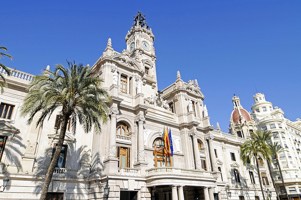 Town Hall, Town Hall Square, palm trees, Plaza de Ayuntamiento, square, Valencia, Spain, Europe