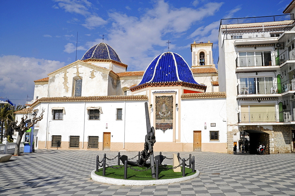 Church, blue dome, Plaza de Castelar square, Benidorm, Costa Blanca, Alicante, Spain, Europe