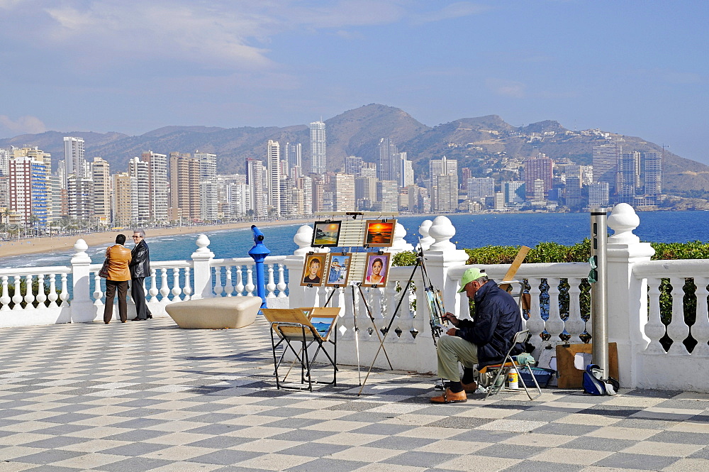 Pavement artist, painter, people, looking platform, balcony of the Mediterranean, Benidorm, Costa Blanca, Alicante, Spain, Europe