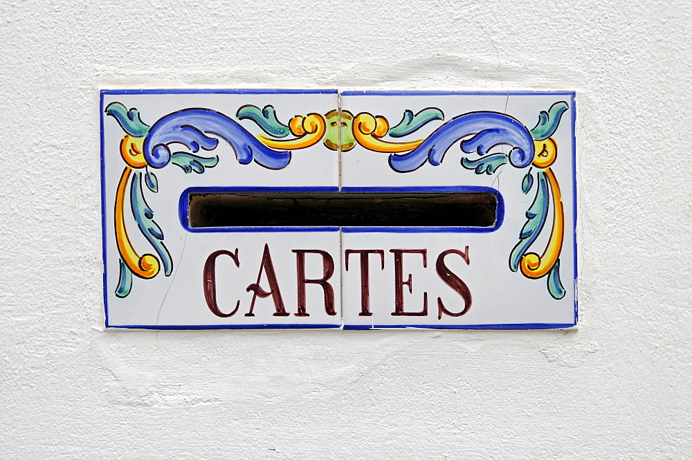 Spanish tiles, azulejos, mailbox, letters, post, wall, Sagunto, Sagunt, Valencia, Spain, Europe