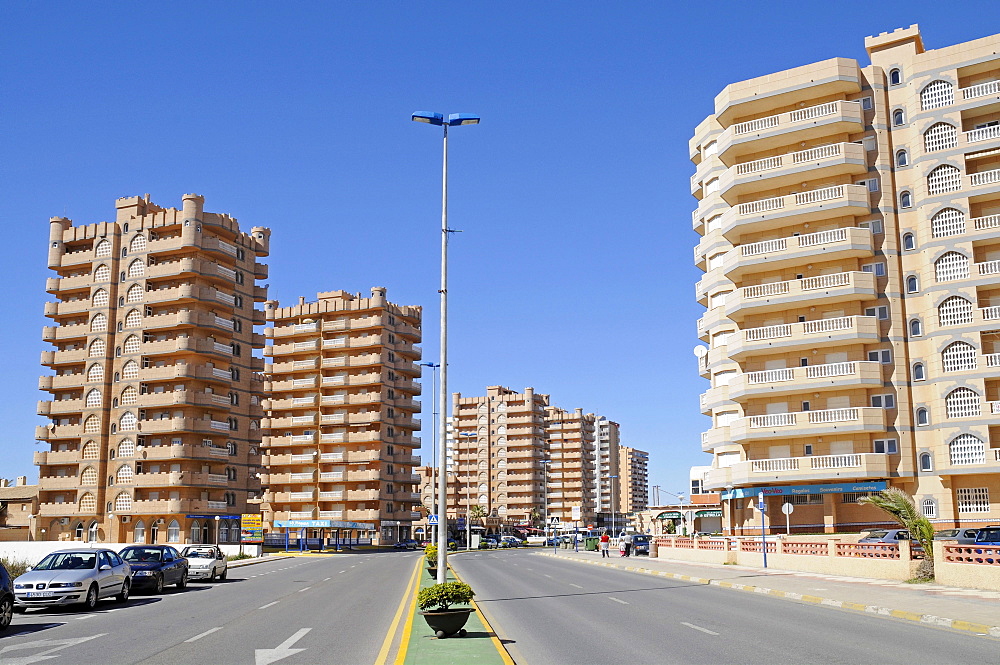 High-rise buildings, street, La Manga, Mar Menor, Murcia, Spain, Europe