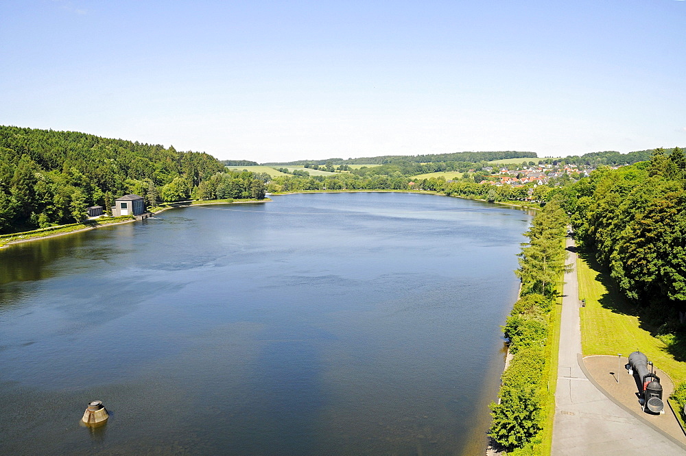 View from the dam, Brueningsen, Moehnesee lake, Moehne, reservoir, dam, North Rhine-Westphalia, Germany, Europe