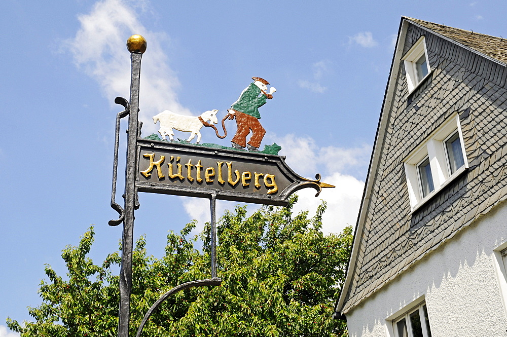 Goat, goat herder, street sign, historic centre, Arnsberg, Sauerland region, North Rhine-Westphalia, Germany, Europe