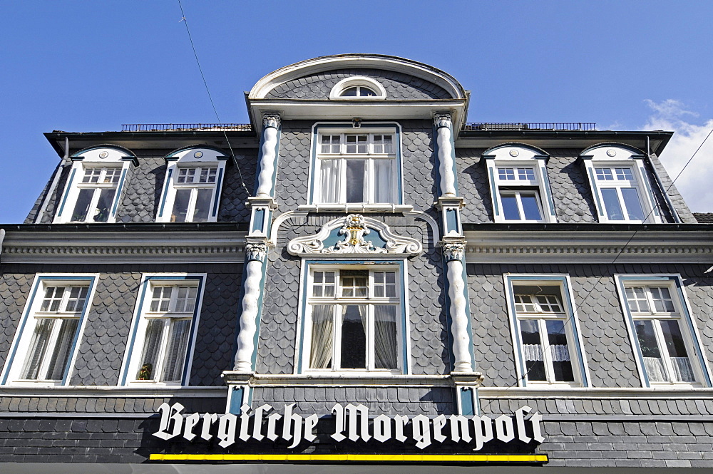 Bergische Morgenpost regional newspaper, half-timbered house, slate cladding, historic centre, Hueckeswagen, Bergisches Land area, North Rhine-Westphalia, Germany, Europe