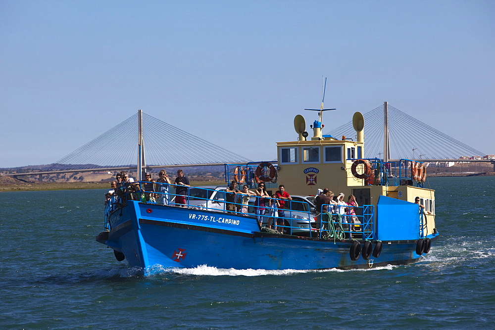 Ferry on the Rio Guadiana border river between Portugal, Vila Real de Santo Antonio, Algarve, and Spain, Ayamonte, Andalusia, Europe