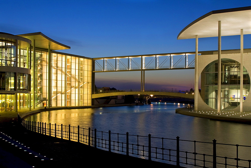 Marie-Elisabeth Lueders House and Paul Loebe House, left, at night, Berlin, Germany, Europe