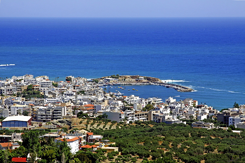 View on the harbor, panorama, Hersonissos, Crete, Greece, Europe