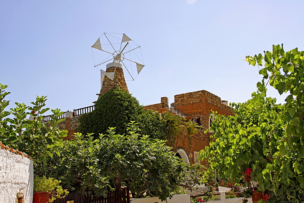 Building with a windmill, Lychnostatis Open Air Museum, museum of traditional Cretan life, Hersonissos, Crete, Greece, Europe