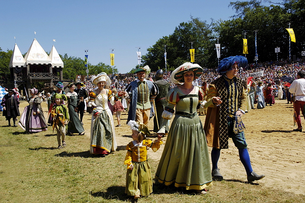 People in historic costumes entering the arena, Knights' Tournament in Kaltenberg, Upper Bavaria, Bavaria, Germany, Europe
