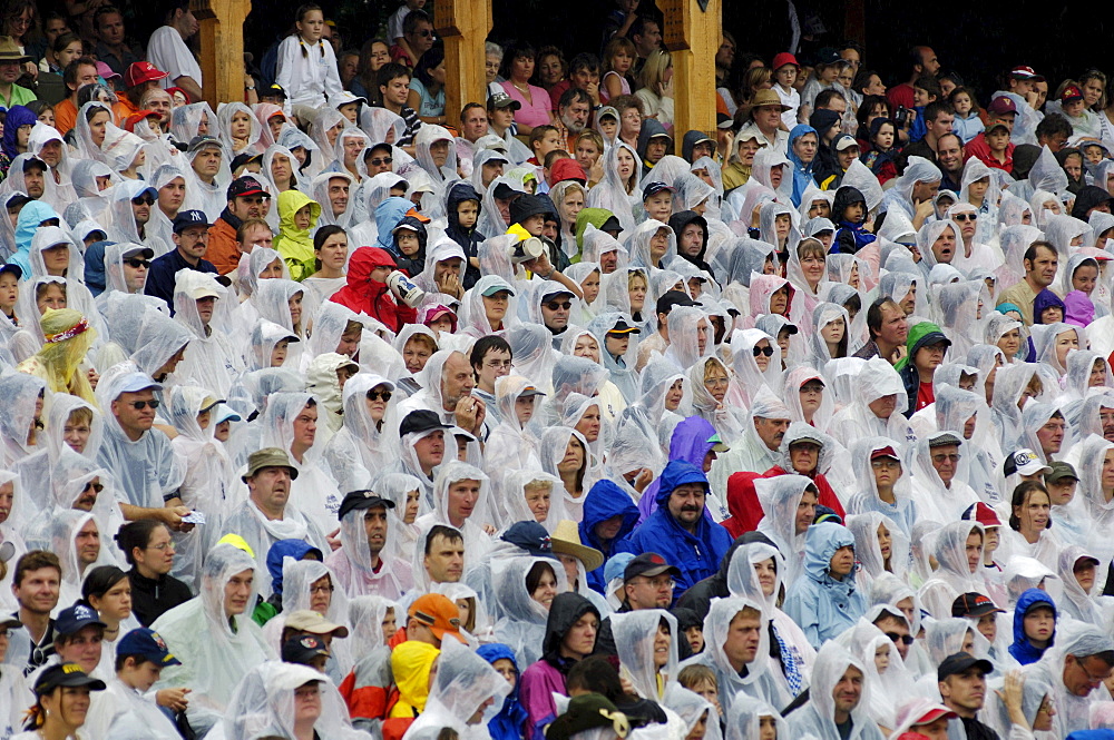 Crowd in raincoats, Knights' Tournament in Kaltenberg, Upper Bavaria, Bavaria, Germany, Europe