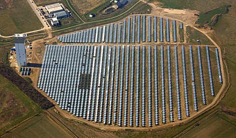 Aerial photo, solar power plant with power tower, Juelich, Rhineland, North Rhine-Westphalia, Germany, Europe