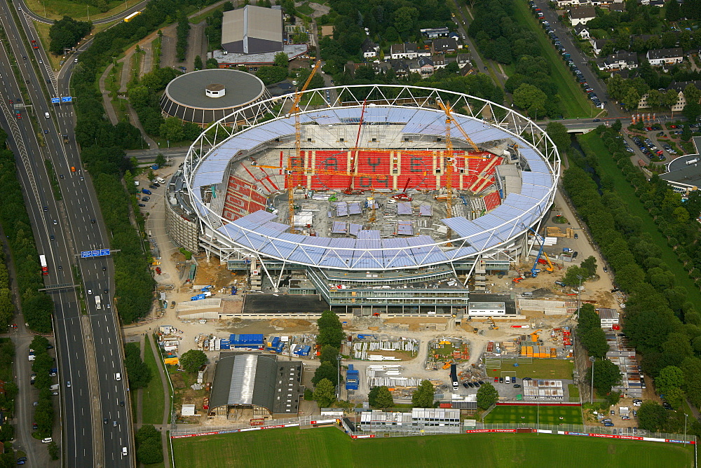 Aerial photograph construction site Bay Arena soccer stadium, Bayer 04 Leverkusen, Leverkusen, North Rhine-Westphalia, Germany, Europe