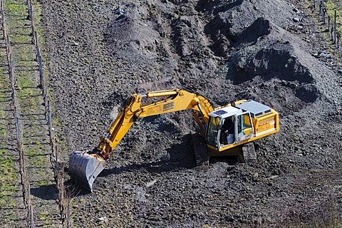 Crane doing earthworks, vineyard being newly constructed