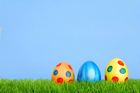 Colourful Easter eggs on grass