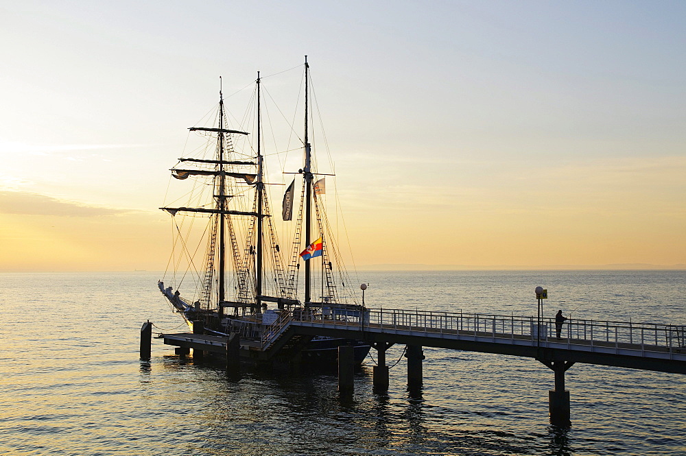 Three-masted sailing ship at the pier in the Heringsdorf seaside resort, Usedom Island, Mecklenburg-Western Pomerania, Germany, Europe