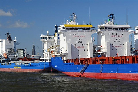 Feeder vessels, not in use because of the economic crisis and the export recession, on the Norderelbe River, Hamburg, Germany, Europe