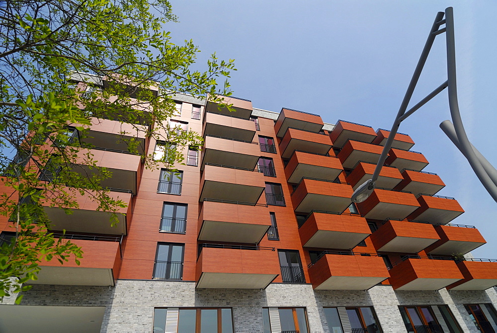 Modern residential building in the HafenCity district of Hamburg, Germany, Europe