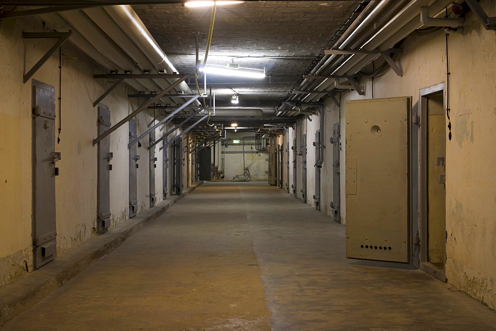 Berlin-Hohenschoenhausen memorial, former prison of the GDR's secret service, basement corridor in the "U-Boat" tract with cells for solitary confinement, Berlin, Germany, Europe