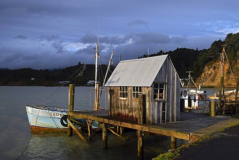 A boat shed near Coromandel Town illuminated by the last light of the day, New Zealand