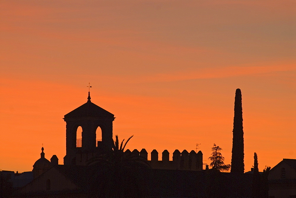 The silhouette of the castle of Cordoba, Alcazar de lo Reyes, sunset, Andalusia, Spain, Europe