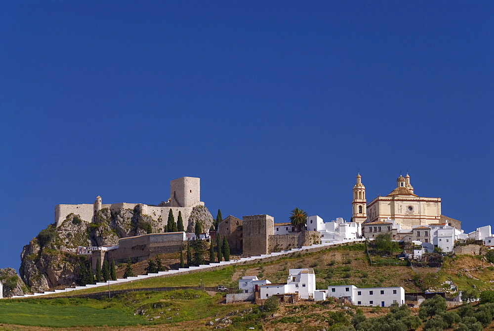 Castle and cathedral of the Pueblo Blanco, white village, of Olvera, Andalusia, Spain, Europe