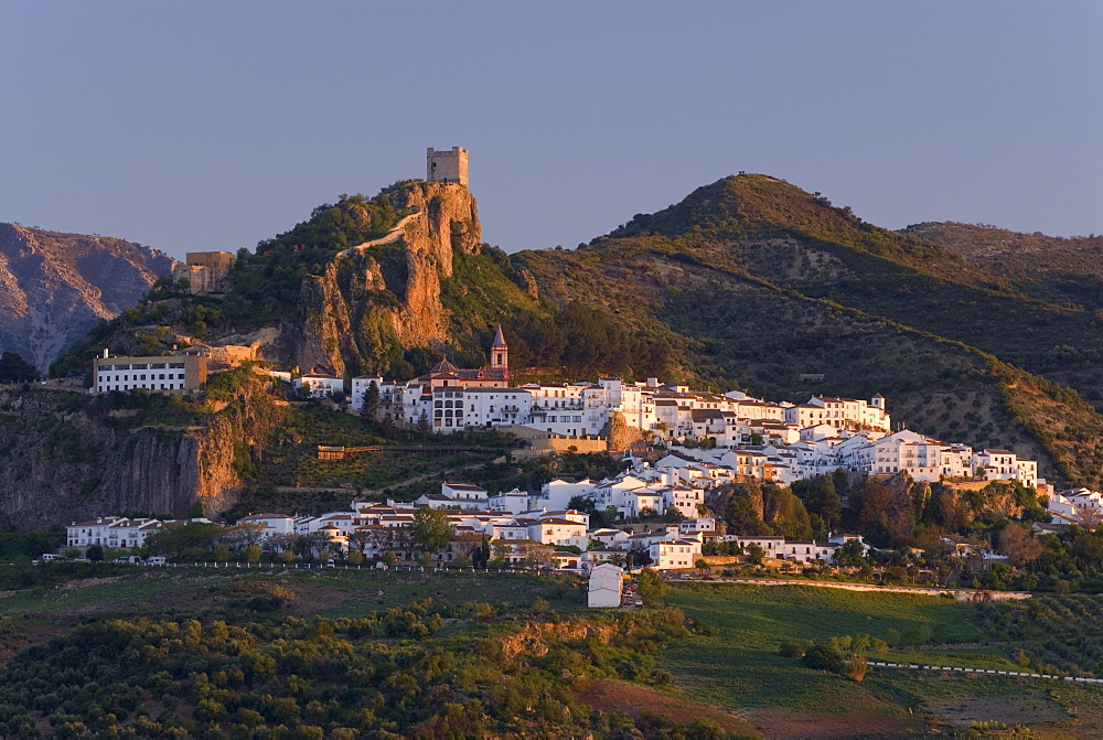 The white village, Pueblo Blanco, Zahara de la Sierra with its castle in soft evening light, Andalusia, Spain, Europe