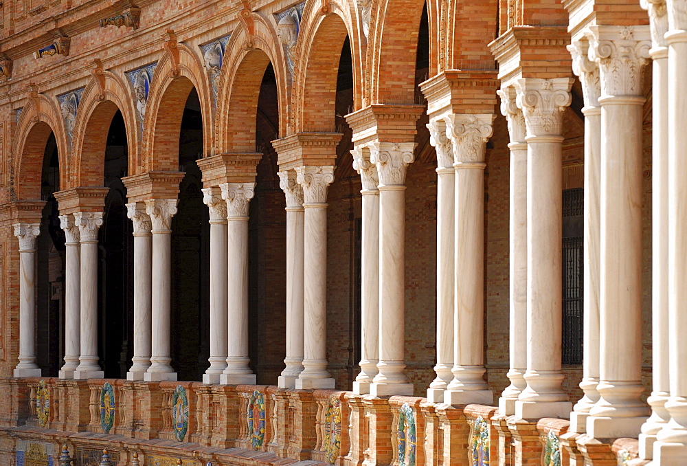 Columns of Plaza de Espana, constructed for the Spanish-American Exhibition in 1929, Seville, Spain, Europe