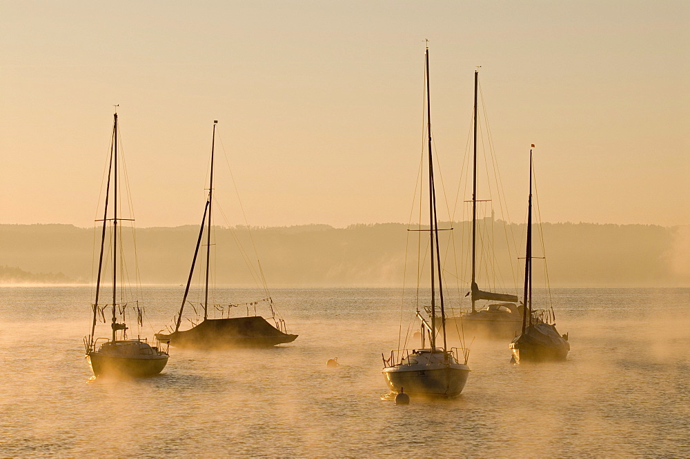 Sailing boats and low morning fog over Ammersee lake at Utting, Bavaria, Germany, Europe