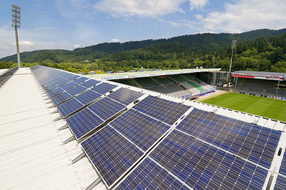 Solar array on the roof of the stadium of the SC Freiburg soccer team, Freiburg im Breisgau, Baden-Wuerttemberg, Germany, Europe