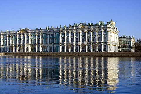 Hermitage museum reflected on the surface of Neva River, St. Petersburg, Russia