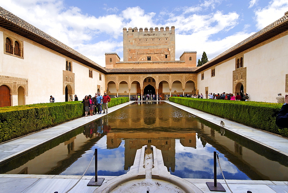 Court of the myrtles and Torre de Comares, Alhambra, Granada, Andalusia, Spain, Europe