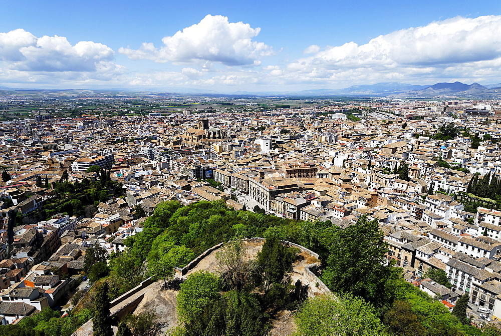 View from the Torre de la Vela of the Alhambra to the old town, Granada, Andalusia, Spain, Europe