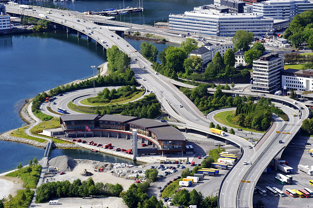 Modern roads at the edge of historic Bergen, Norway, Europe