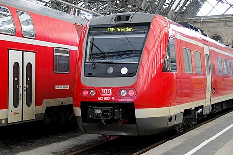 IRE train from Nuremberg to Dresden, central train station, Dresden, Saxony, Germany, Europe