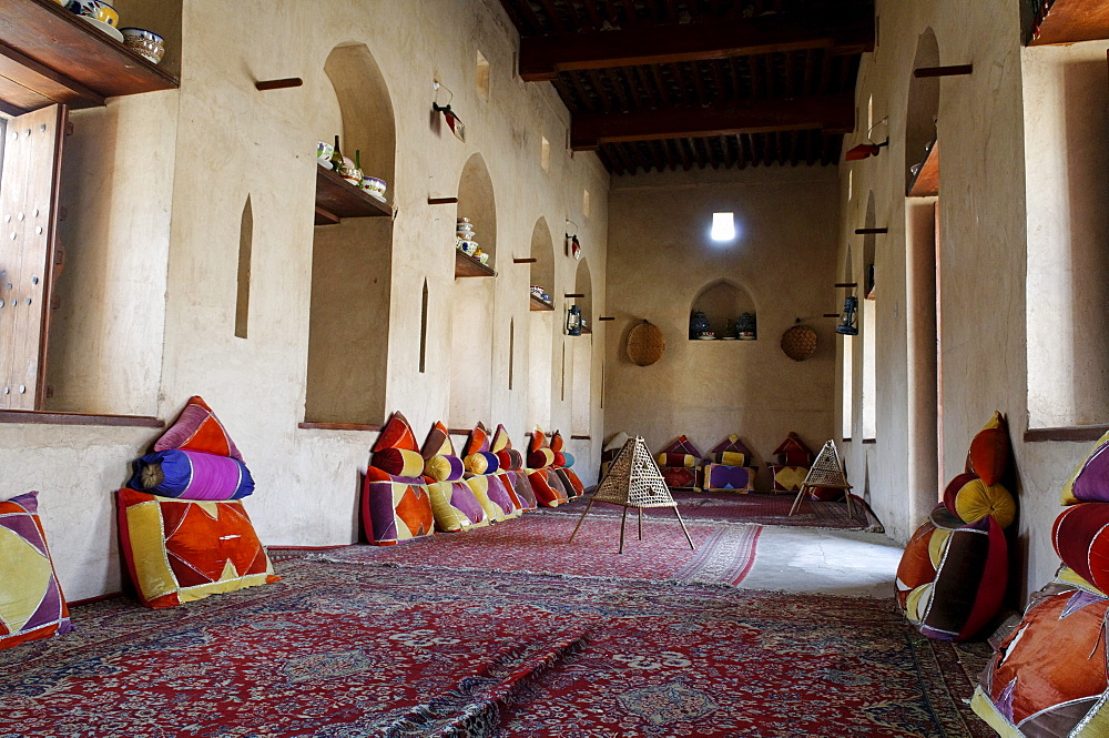 Traditional Arabian sitting room, historic adobe fortification Nakhal, Nakhl Fort or Castle, Hajar al Gharbi Mountains, Batinah Region, Sultanate of Oman, Arabia, Middle East