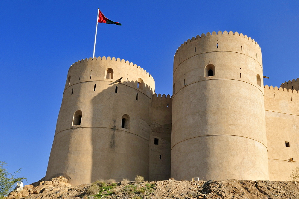 Historic adobe fortification Rustaq Fort or Castle, Hajar al Gharbi Mountains, Batinah Region, Sultanate of Oman, Arabia, Middle East