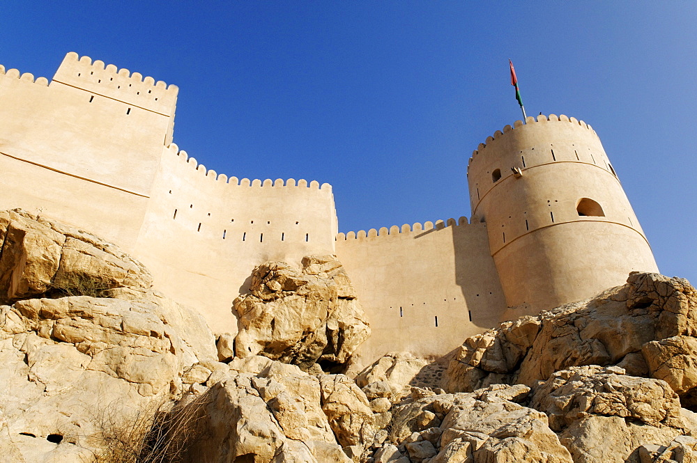 Historic adobe fortification Nakhal, Nakhl Fort or Castle, Hajar al Gharbi Mountains, Batinah Region, Sultanate of Oman, Arabia, Middle East